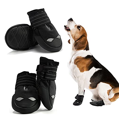 AQH 4Pcs Hundeschuhe, Pfotenschutz für Hunde mit reflektierenden Riemen, wasserdichte Hundestiefel mit weicher Sohle für Hunde (6#, Schwarz) von AQH