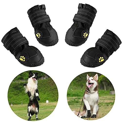 AQH Hundeschuhe, 4 Stück wasserdichte Hundestiefel Pfotenschutz, mit reflektierenden Riemen, robuste rutschfeste Sohle (3#, Schwarz) von AQH