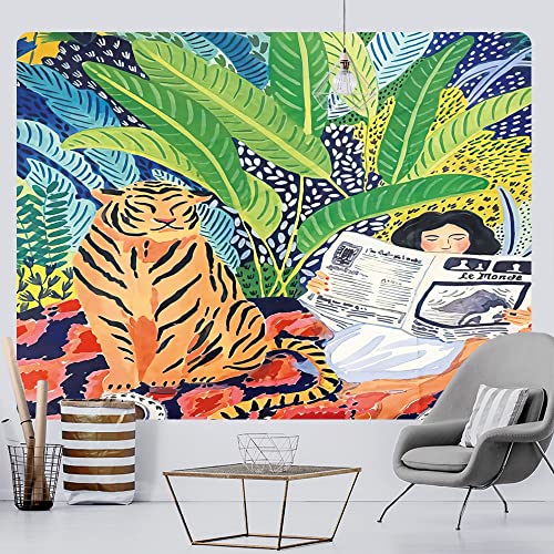 Mädchen Tiger Einfache Heimdekoration Kunst Tapisserie Dekoration Yogamatte Sofadecke Blätter (W)150×(H)130CM von AQHYCJT