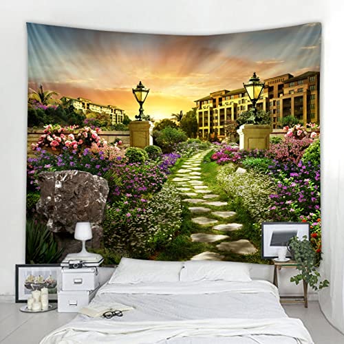 Schöne Stadt Blumenweg Wandbehang im Sonnenuntergang 3D Digitaldruck Wandteppich Schlafzimmer Kunst Dekoration (W)230×(H)180CM von AQHYCJT
