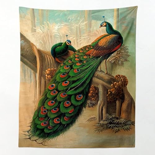 Wandteppich mit Pfau, Wandbehang, Stoff, Tierwald, Aquarellmuster, Raumdekoration, ästhetischer Kunstteppich (W)200×(H)150CM von AQHYCJT