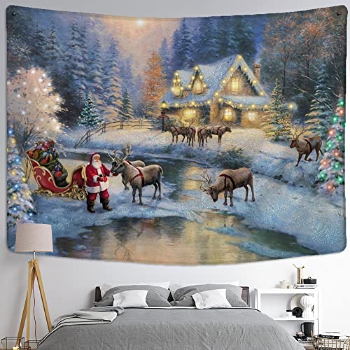 Weihnachten Ölgemälde Tapisserie Wandbehang Kunst Schnee Szene Hintergrund Tuch Wohnkultur (W)150×(H)130CM von AQHYCJT