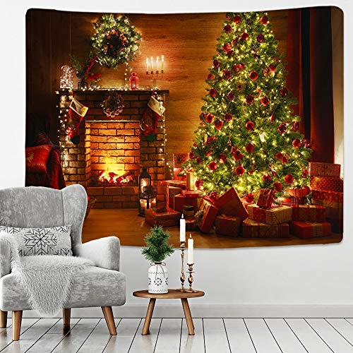 Weihnachten Tapisserie Weihnachtsbaum und Kamin Warme Familie Wandbehang Hintergrund Home Room Decoration (W)150×(H)130CM von AQHYCJT
