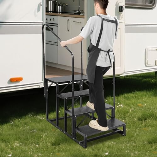 AQIFAND Wohnmobil Treppe mit Handlauf, 4-Stufige RV Stufen aus Kohlenstoffstahl für Whirlpools Außenbadewannen Wohnmobilen Schwarz von AQIFAND