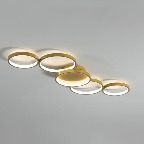 AQLEDY LED Deckenleuchte Modern, 5 Ringe Design, Dimmbar mit Fernbedienung und App-Steuerung, Weiß (Gold) von AQLEDY