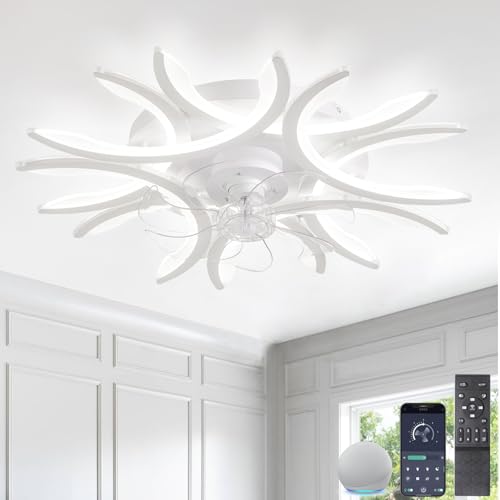 Led Deckenlampe Mit Ventilator Und Fernbedienung App, Lampe Mit Ventilator Leise Schlafzimmer, Deckenventilator Mit Licht Beleuchtung, Dimmbare 6-Speed Sommer Winte Für Wohnzimmer Esszimmer-Alexa von AQLEDY