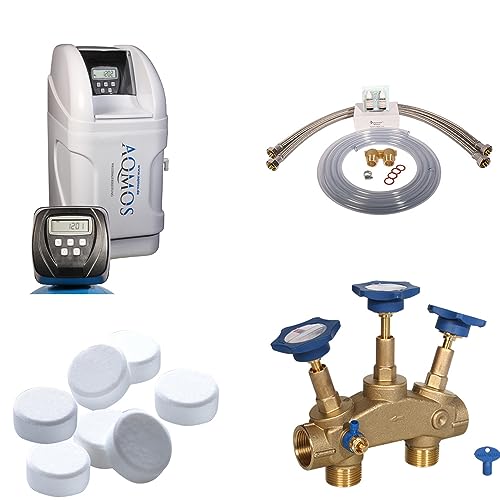 Aqmos CM-32 Wasserenthärtungsanlage im Set mit Montageblock und 100kg Regeneriesalztabletten | Wasserenthärter für Haushalte bis zu 3 Personen | Entkalkungsanlage, Antikalkanlage für weiches Wasser von AQMOS Wasseraufbereitung
