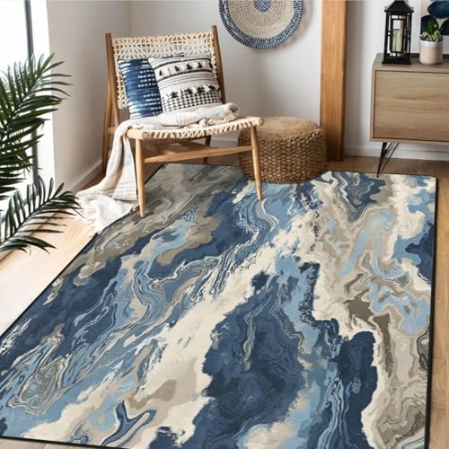 AQQA Abstrakter Teppich mit Marmorwirbel, 12,7 x 17,8 cm, moderner maschinenwaschbarer Teppich, groß, schmutzabweisend, Teppich für Esszimmer, Spielzimmer, Heimbüro, Blau von AQQA