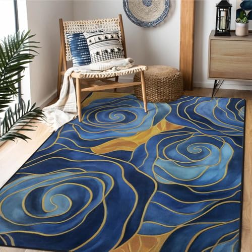 AQQA Blauer und goldener Flächenteppich, 2,1 x 1,5 m, langlebige und rutschfeste Bodenmatte, Spiraldesign, moderne abstrakte Teppiche, weicher Plüschteppich für Wohnzimmer, Schlafzimmer, Flur von AQQA