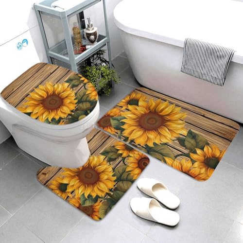 3-teiliges Badezimmerteppich-Set, super saugfähig, Badezimmermatten-Set, rutschfest, waschbar, Konturmatte und WC-Deckelbezug, Holzbrett, Sonnenblume, Badematten, Teppich für Badezimmer, Duschvorleger von AQRJKHD