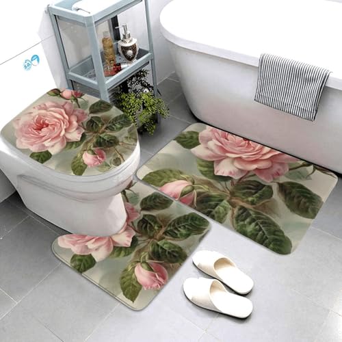 3-teiliges Badezimmerteppich-Set, super saugfähig, Badezimmermatten-Set, rutschfest, waschbar, Konturmatte und WC-Deckelbezug, Vintage, Rosa, Badematten, Teppich für Badezimmer, Duschvorleger von AQRJKHD