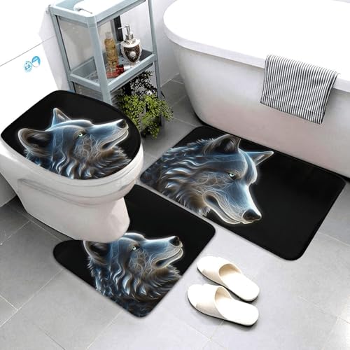 3-teiliges Badezimmerteppich-Set, super saugfähig, rutschfest, waschbar, Konturmatte und WC-Deckelbezug, 3D-Wolf, Badematten, Teppich für Badezimmer, Duschvorleger von AQRJKHD