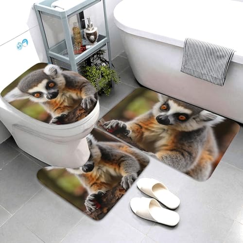 3-teiliges Badezimmerteppich-Set, super saugfähig, rutschfest, waschbar, Konturmatte und WC-Deckelbezug, Affe, Lemur, niedliche Badematten, Teppich für Badezimmer, Duschvorleger von AQRJKHD