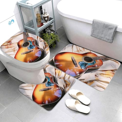 3-teiliges Badezimmerteppich-Set, super saugfähig, rutschfest, waschbar, Konturmatte und WC-Deckelbezug, Aquarell, Akustikgitarre, Badematten, Teppich für Badezimmer, Duschvorleger von AQRJKHD