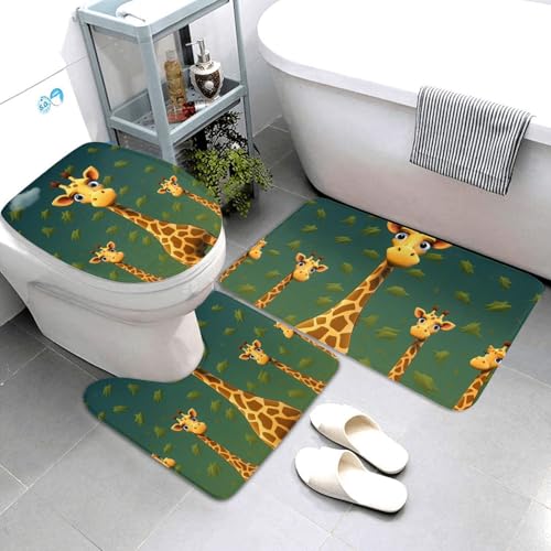 3-teiliges Badezimmerteppich-Set, super saugfähig, rutschfest, waschbar, Konturmatte und WC-Deckelbezug, Cartoon-Giraffe, Badematten, Teppich für Badezimmer, Duschvorleger von AQRJKHD