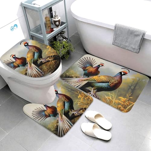 3-teiliges Badezimmerteppich-Set, super saugfähig, rutschfest, waschbar, Konturmatte und WC-Deckelbezug, Fasane, Tiere, Badematten, Teppich für Badezimmer, Duschvorleger von AQRJKHD