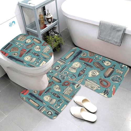 3-teiliges Badezimmerteppich-Set, super saugfähig, rutschfest, waschbar, Konturmatte und WC-Deckelbezug, Friseurladen, Badematten, Teppich für Badezimmer, Duschvorleger von AQRJKHD