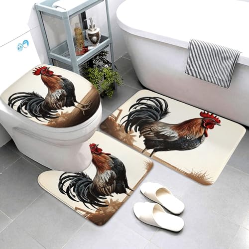 3-teiliges Badezimmerteppich-Set, super saugfähig, rutschfest, waschbar, Konturmatte und WC-Deckelbezug, Hahn, Badematten, Teppich für Badezimmer, Duschvorleger von AQRJKHD