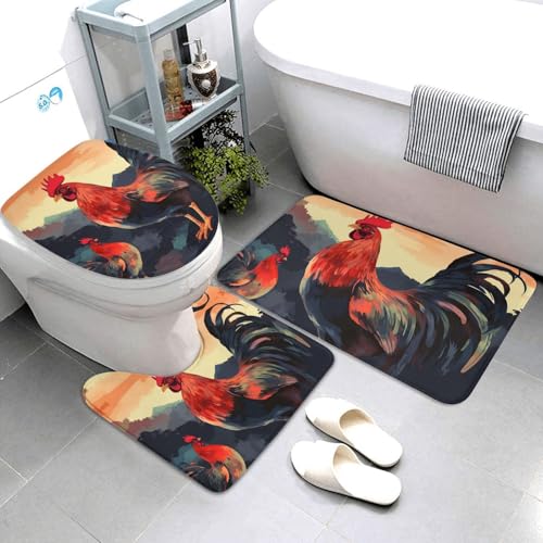 3-teiliges Badezimmerteppich-Set, super saugfähig, rutschfest, waschbar, Konturmatte und WC-Deckelbezug, Hahn, schöne Kunst, Badematten, Teppich für Badezimmer, Duschvorleger von AQRJKHD