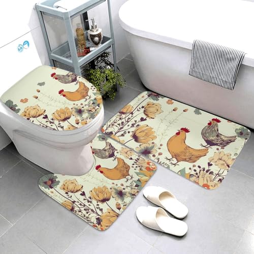 3-teiliges Badezimmerteppich-Set, super saugfähig, rutschfest, waschbar, Konturmatte und WC-Deckelbezug, Henne fliegende Schmetterlinge unter Blumen, Badematten, Teppich für Badezimmer, Duschvorleger von AQRJKHD