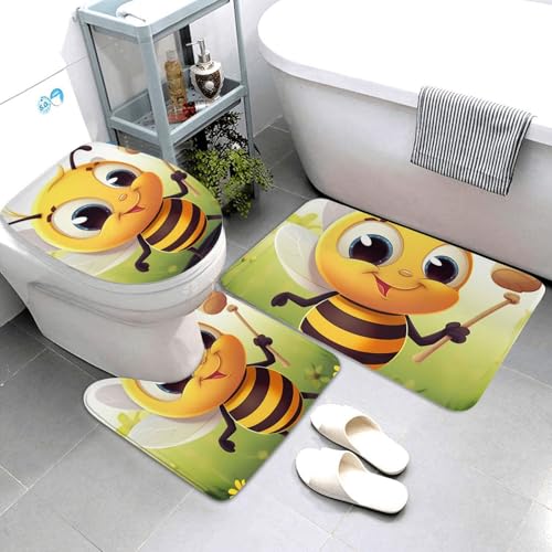3-teiliges Badezimmerteppich-Set, super saugfähig, rutschfest, waschbar, Konturmatte und WC-Deckelbezug, Honigbiene, Badematten, Teppich für Badezimmer, Duschvorleger von AQRJKHD