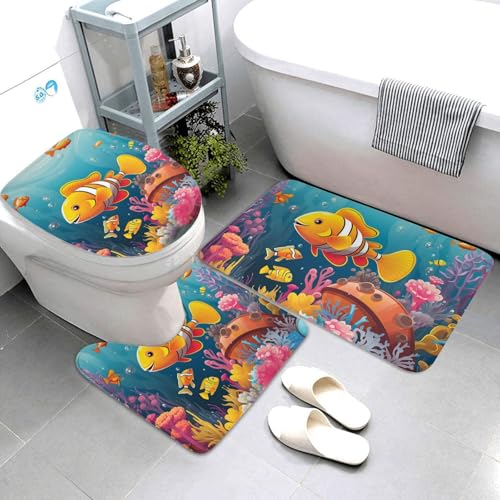 3-teiliges Badezimmerteppich-Set, super saugfähig, rutschfest, waschbar, Konturmatte und WC-Deckelbezug, Korallenriff mit bunten Fischen, Badematten, Teppich für Badezimmer, Duschvorleger von AQRJKHD