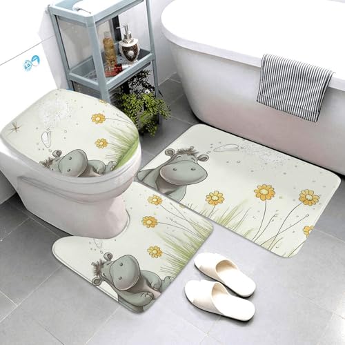 3-teiliges Badezimmerteppich-Set, super saugfähig, rutschfest, waschbar, Konturmatte und WC-Deckelbezug, Nilpferd und Löwenzahn, Badematten, Teppich für Badezimmer, Duschvorleger von AQRJKHD