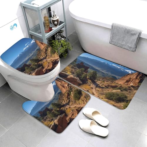 3-teiliges Badezimmerteppich-Set, super saugfähig, rutschfest, waschbar, Konturmatte und WC-Deckelbezug, Pikes, Peak, Colorado, Badematten, Teppich für Badezimmer, Duschvorleger von AQRJKHD