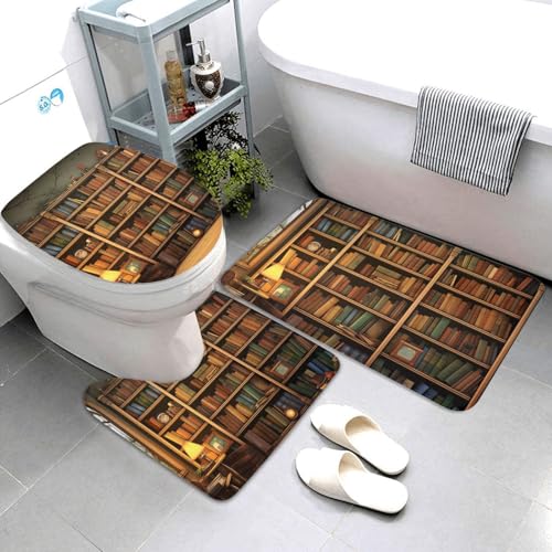 3-teiliges Badezimmerteppich-Set, super saugfähig, rutschfest, waschbar, Konturmatte und WC-Deckelbezug, Retro-Bücherregal, Badematten, Teppich für Badezimmer, Duschvorleger von AQRJKHD