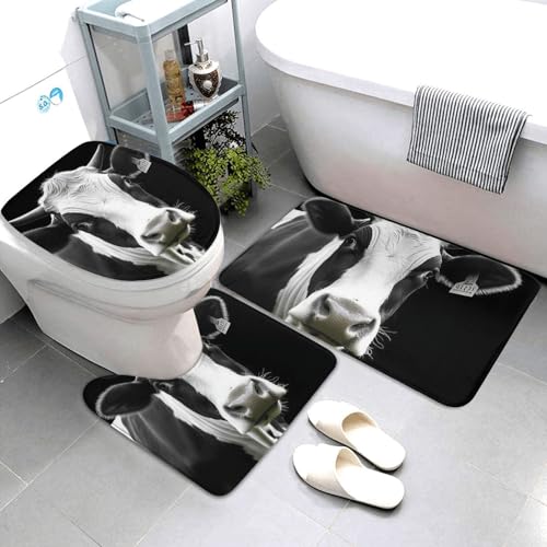 3-teiliges Badezimmerteppich-Set, super saugfähig, rutschfest, waschbar, Konturmatte und WC-Deckelbezug, Tier, lustiger Kuhkopf, schwarz-weiß, Badematten, Teppich für Badezimmer, Duschvorleger von AQRJKHD