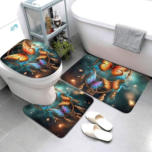 3-teiliges Badezimmerteppich-Set, super saugfähig, rutschfest, waschbar, Konturmatte und WC-Deckelbezug, Traumfänger, Schmetterlings-Badematten, Teppich für Badezimmer, Duschvorleger von AQRJKHD