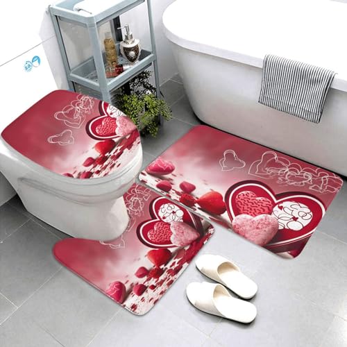 3-teiliges Badezimmerteppich-Set, super saugfähig, rutschfest, waschbar, Konturmatte und WC-Deckelbezug, Valentinstag, Badematten, Teppich für Badezimmer, Duschvorleger von AQRJKHD