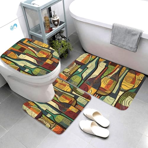 3-teiliges Badezimmerteppich-Set, super saugfähig, rutschfest, waschbar, Konturmatte und WC-Deckelbezug, Weinflasche, Kunst, Badematten, Teppich für Badezimmer, Duschvorleger von AQRJKHD