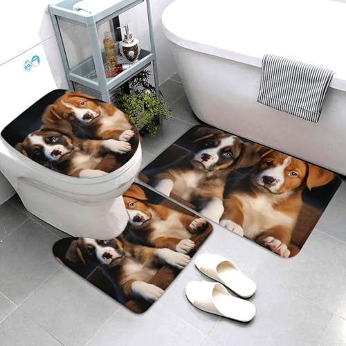 3-teiliges Badezimmerteppich-Set, super saugfähig, rutschfest, waschbar, Konturmatte und WC-Deckelbezug, Welpen, Hunde, Haustiere, Tiere, Badematten, Teppich für Badezimmer, Duschvorleger von AQRJKHD