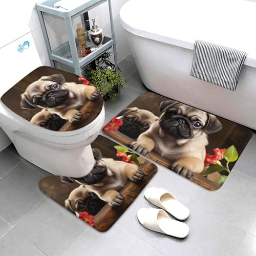 3-teiliges Badezimmerteppich-Set, super saugfähig, rutschfest, waschbar, Konturmatte und WC-Deckelbezug, Welpen, Mops, Badematten, Teppich für Badezimmer, Duschvorleger von AQRJKHD