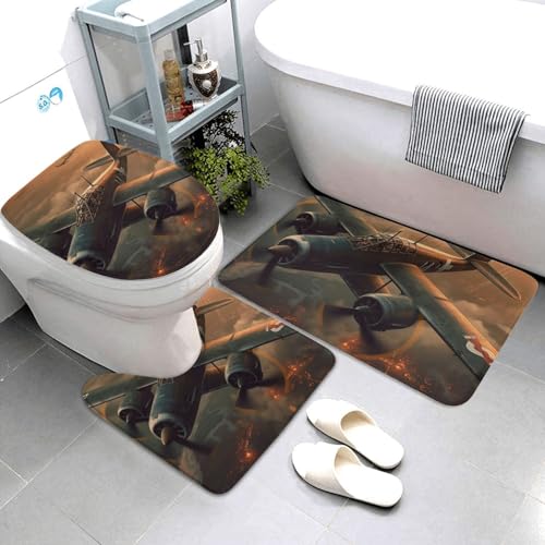 3-teiliges Badezimmerteppich-Set, super saugfähig, rutschfest, waschbar, Konturmatte und WC-Deckelbezug, Weltkrieg, Flugzeug, Badematten, Teppich für Badezimmer, Duschvorleger von AQRJKHD