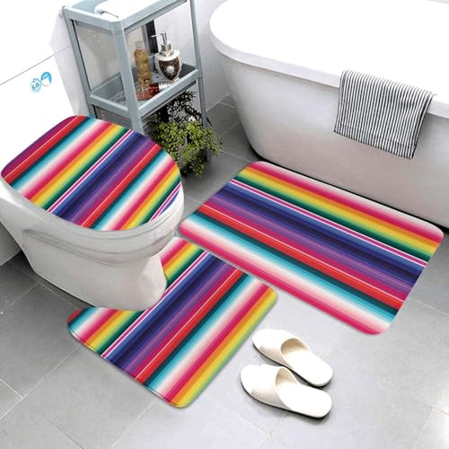 3-teiliges Badezimmerteppich-Set, super saugfähig, rutschfest, waschbar, Konturmatte und WC-Deckelbezug, bunte mexikanische Streifen, Badematten, Teppich für Badezimmer, Duschvorleger von AQRJKHD