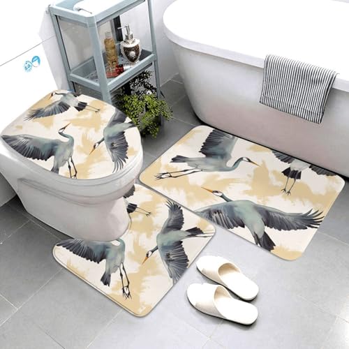 3-teiliges Badezimmerteppich-Set, super saugfähig, rutschfest, waschbar, Konturmatte und WC-Deckelbezug, fliegende Kraniche, Badematten, Teppich für Badezimmer, Duschvorleger von AQRJKHD