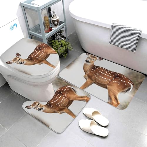 3-teiliges Badezimmerteppich-Set, super saugfähig, rutschfest, waschbar, Konturmatte und WC-Deckelbezug, gepunkteter Hirsch, Badematten, Teppich für Badezimmer, Duschvorleger von AQRJKHD