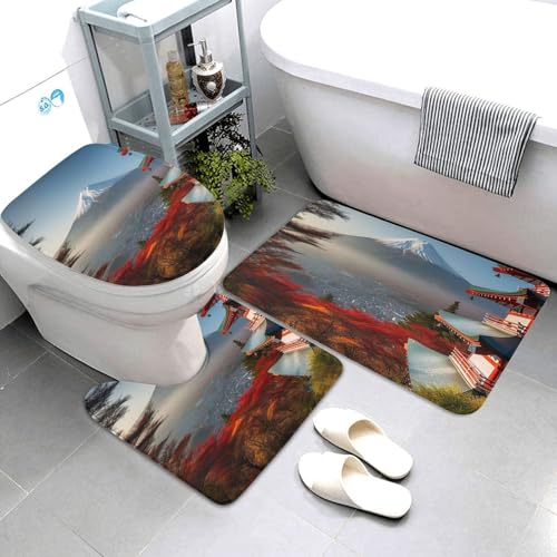 3-teiliges Badezimmerteppich-Set, super saugfähig, rutschfest, waschbar, Konturmatte und WC-Deckelbezug, japanische Halterung, Fuji-Landschaft, Badematten, Teppich für Badezimmer, Duschvorleger von AQRJKHD