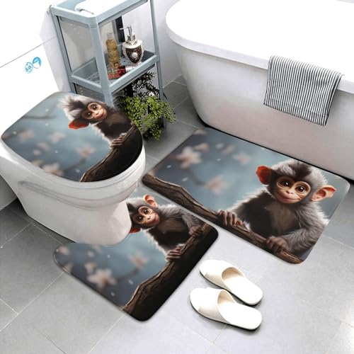 3-teiliges Badezimmerteppich-Set, super saugfähig, rutschfest, waschbar, Konturmatte und WC-Deckelbezug, niedlicher Affen-Badematte, Teppich für Badezimmer, Duschvorleger von AQRJKHD