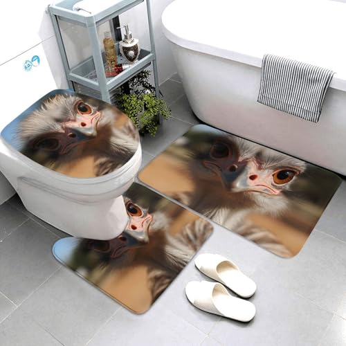 3-teiliges Badezimmerteppich-Set, super saugfähig, rutschfest, waschbar, Konturmatte und WC-Deckelbezug, niedlicher Strauß-Badematte, Teppich für Badezimmer, Duschvorleger von AQRJKHD