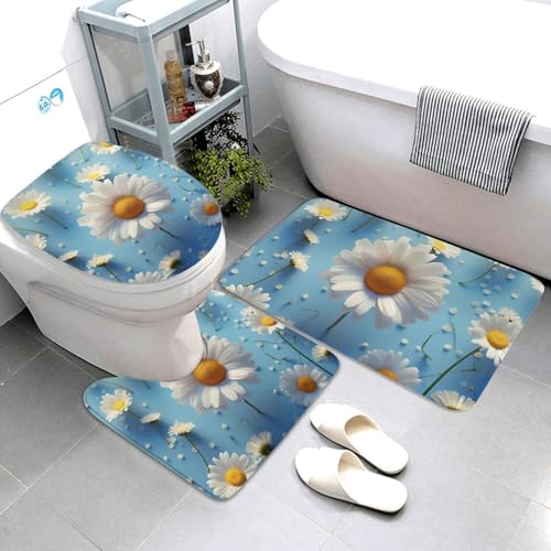 3-teiliges Badezimmerteppich-Set, super saugfähig, rutschfest, waschbar, Konturmatte und WC-Deckelbezug, niedliches Gänseblümchen-Badteppich, Teppich für Badezimmer, Duschvorleger von AQRJKHD