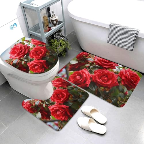 3-teiliges Badezimmerteppich-Set, super saugfähig, rutschfest, waschbar, Konturmatte und WC-Deckelbezug, rote Rosen, Busch im Garten, Badematten, Teppich für Badezimmer, Duschvorleger von AQRJKHD