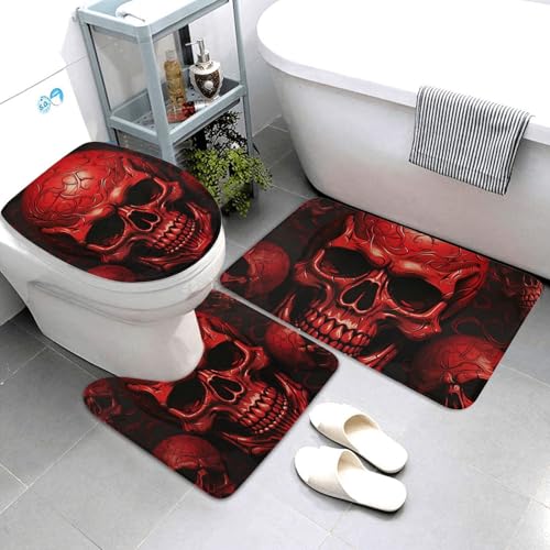 3-teiliges Badezimmerteppich-Set, super saugfähig, rutschfest, waschbar, Konturmatte und WC-Deckelbezug, rote Totenköpfe, Badematten, Teppich für Badezimmer, Duschvorleger von AQRJKHD