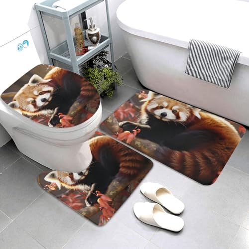 3-teiliges Badezimmerteppich-Set, super saugfähig, rutschfest, waschbar, Konturmatte und WC-Deckelbezug, roter Panda, Badematten, Teppich für Badezimmer, Duschvorleger von AQRJKHD