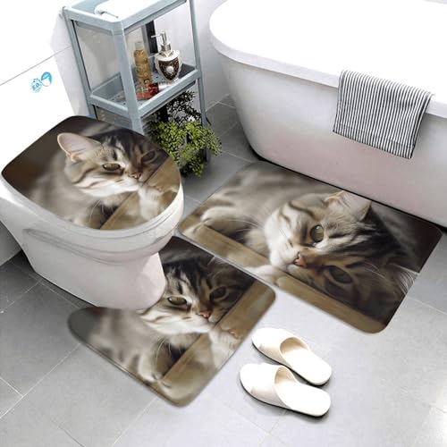 3-teiliges Badezimmerteppich-Set, super saugfähig, rutschfest, waschbar, Konturmatte und WC-Deckelbezug, schlafende Katze, Badematten, Teppich für Badezimmer, Duschvorleger von AQRJKHD