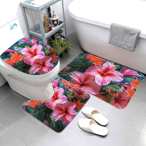 3-teiliges Badezimmerteppich-Set, super saugfähig, rutschfest, waschbar, Konturmatte und WC-Deckelbezug, tropische Pflanze, Blume, Badematten, Teppich für Badezimmer, Duschvorleger von AQRJKHD
