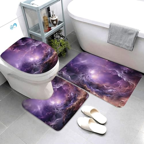 3-teiliges Badezimmerteppich-Set, super saugfähig, rutschfest, waschbar, Konturmatte und WC-Deckelbezug, violett, Galaxie-Badematten, Teppich für Badezimmer, Duschvorleger von AQRJKHD