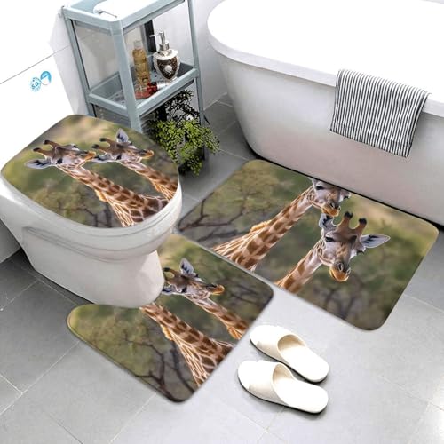 3-teiliges Badezimmerteppich-Set, super saugfähig, rutschfest, waschbar, Konturmatte und WC-Deckelbezug, zwei Giraffen, Badematten für Badezimmer, Duschvorleger von AQRJKHD